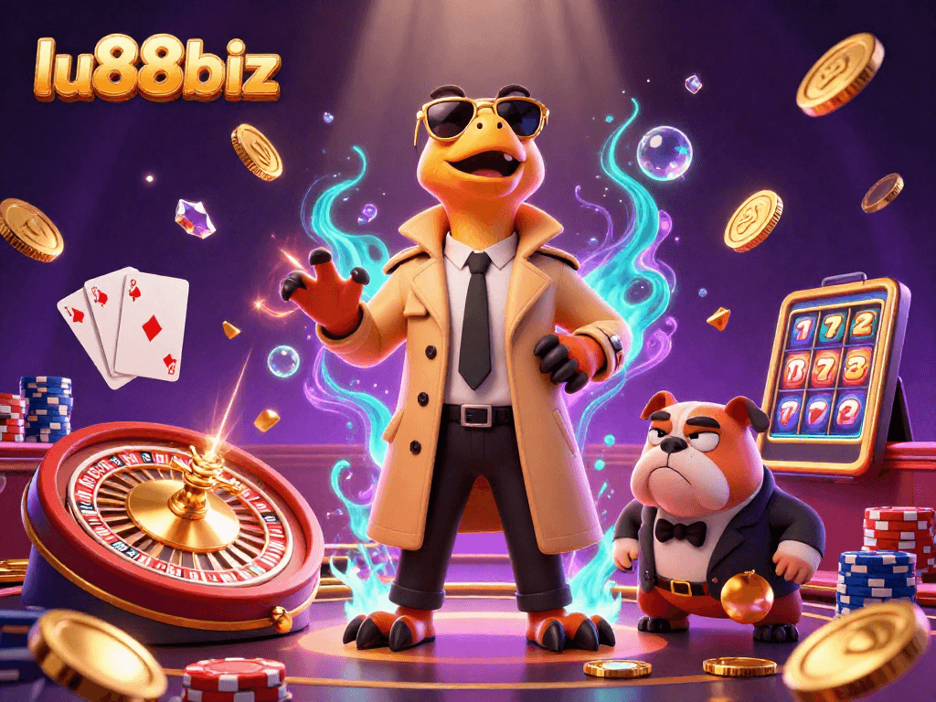 Experience the excitement at lu88biz with raptors in disguise entering a VIP casino, surrounded by casino elements.