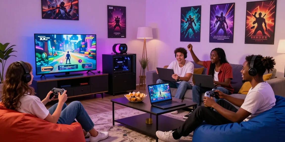 Engaging scene of gamers enjoying xxx games on various devices in a cozy living room atmosphere.