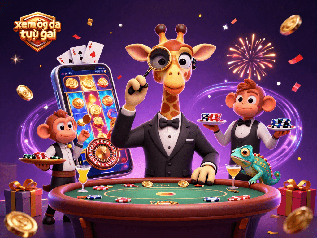 Experience xem bóng đá trực tiếp with a lively casino scene featuring unique characters and dynamic game elements.