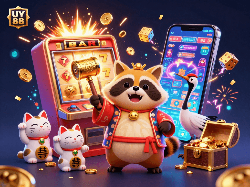 Engage in thrilling gameplay with UY 88’s vibrant casino atmosphere featuring cartoon tanuki and jackpot explosions.