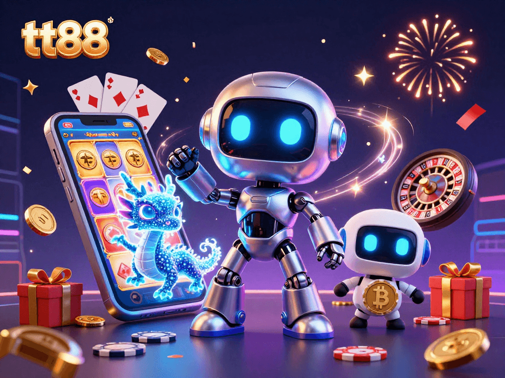 tt88 offers an immersive gaming experience with a vibrant 3D casino scene featuring animated characters and classic casino games.