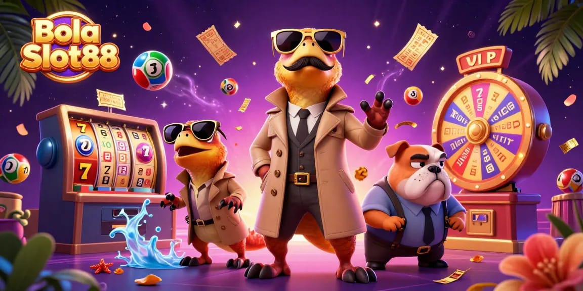 Bola Slot88 brings excitement with raptors in a trench coat at a VIP casino, showcasing vibrant slot symbols.