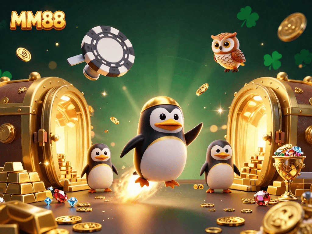 Experience the excitement of MM88 with a golden penguin racing toward treasure and jackpots.