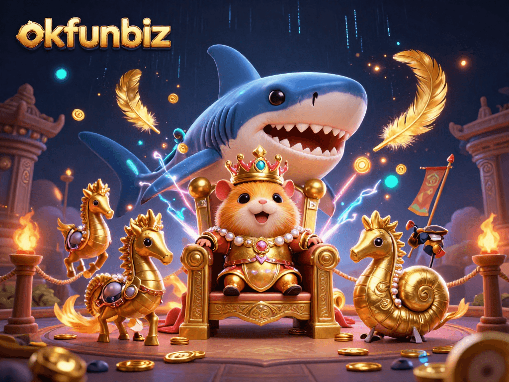 Bet big with okfunbiz on a thrilling 3D illustrated casino adventure featuring vibrant characters and elements.