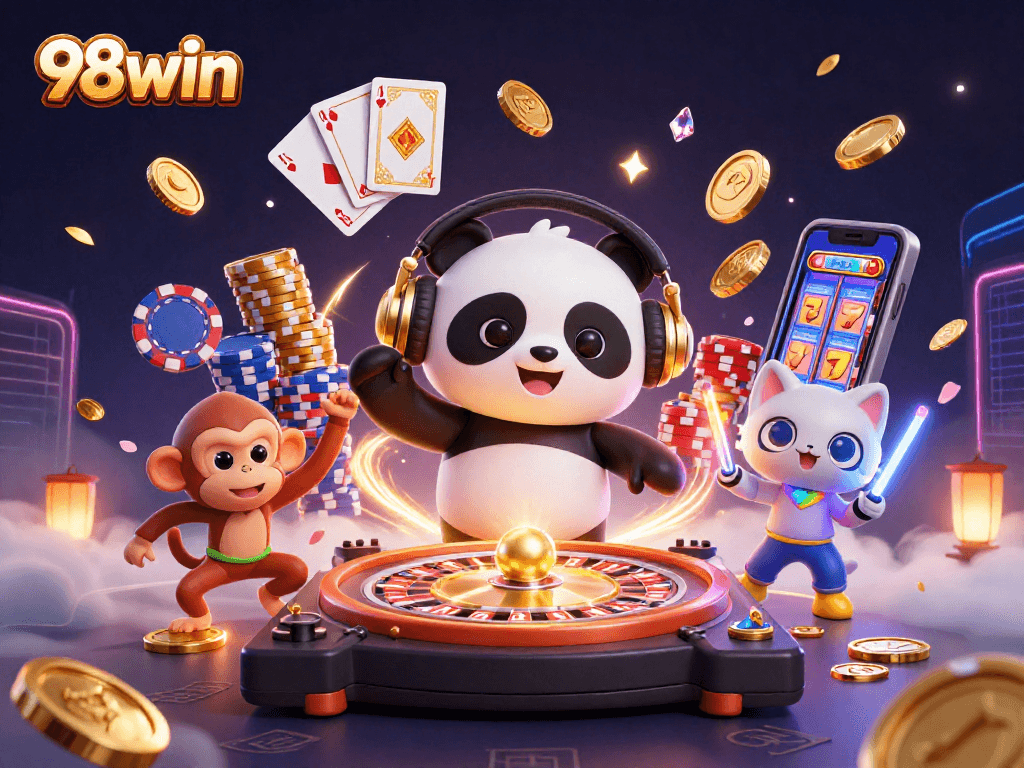 Engage with the vibrant world of 98win as characters celebrate casino thrills amidst golden coins and roulette excitement.