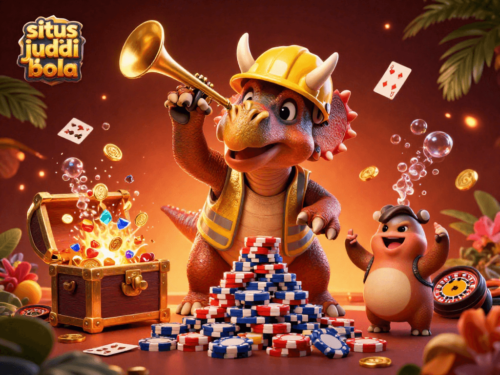 Engage with situs judi bola as a lively 3D triceratops builds poker chips amidst vibrant games elements