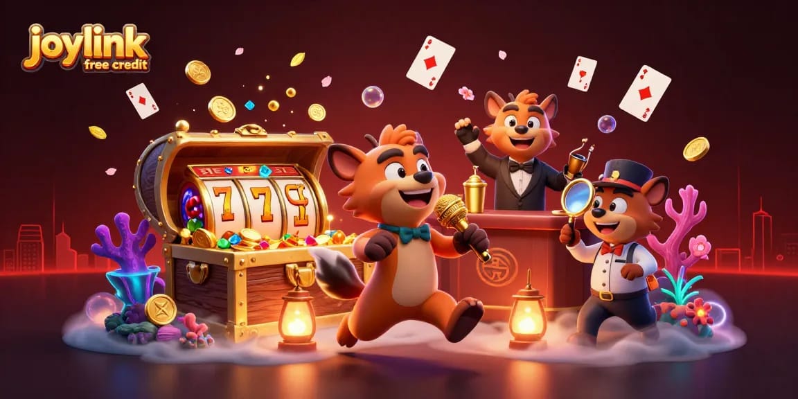 Engage with joylink free credit at a lively comedy casino featuring hyenas, gold coins, and vibrant game elements.