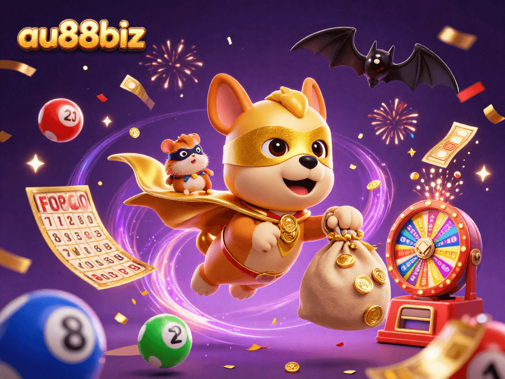Join the excitement of au88biz as a superhero dog flies with gold coins, surrounded by vibrant gambling elements.