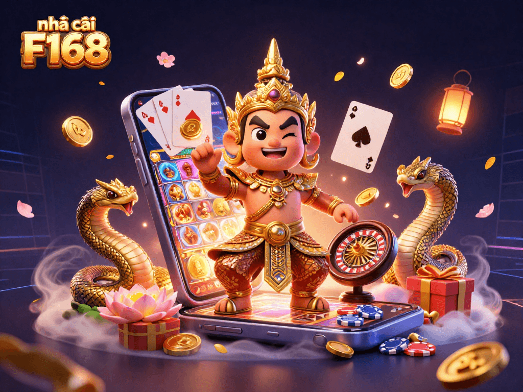 Play exciting games at nhà cái F168 with vibrant slot reels and dynamic characters.