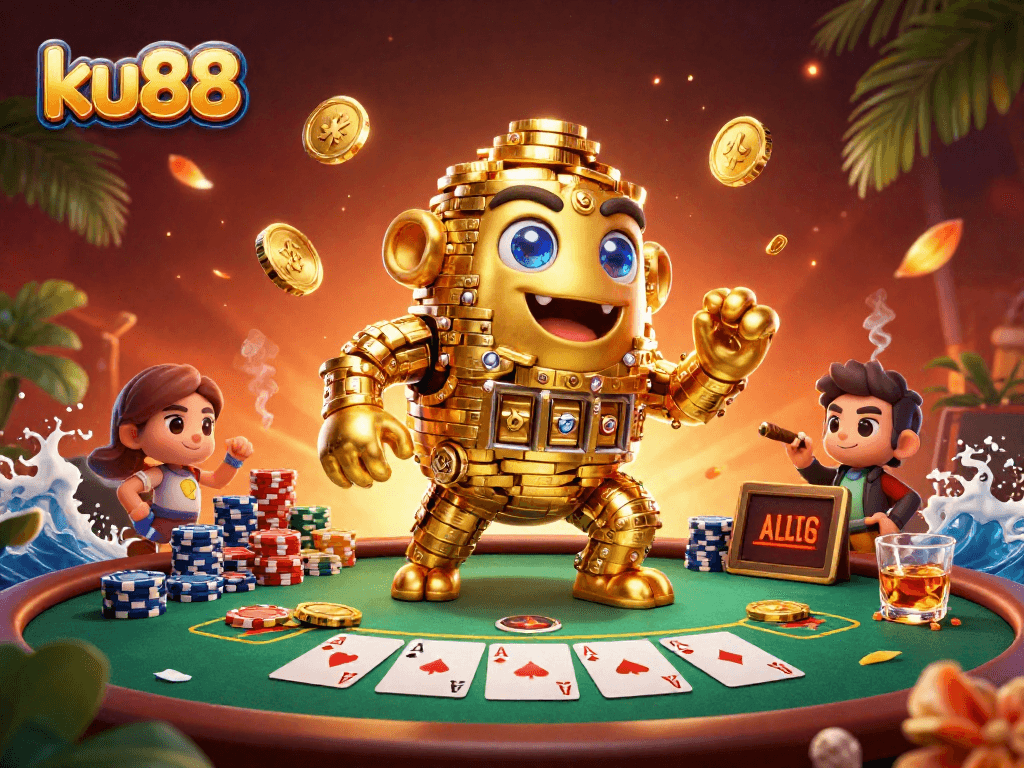 Activate thrilling gameplay with ku88 as a golden golem brings luck to poker tables.