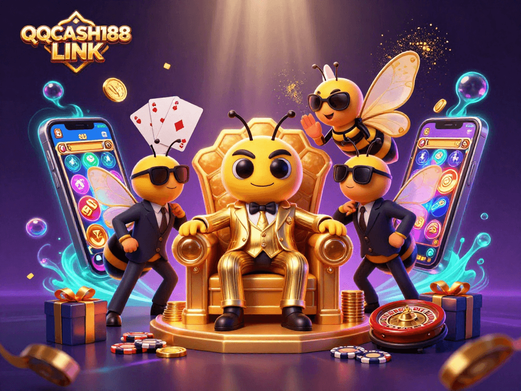 Engage with QQCASH188 LINK in this vibrant casino-themed 3D illustration featuring dynamic characters and gaming elements.