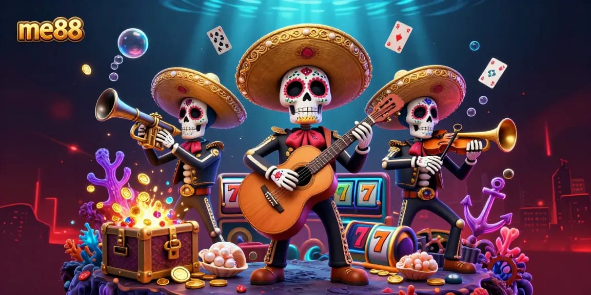 Spin the reels and win at me88 with a vibrant 3D mariachi-themed casino scene rich in colorful game elements.