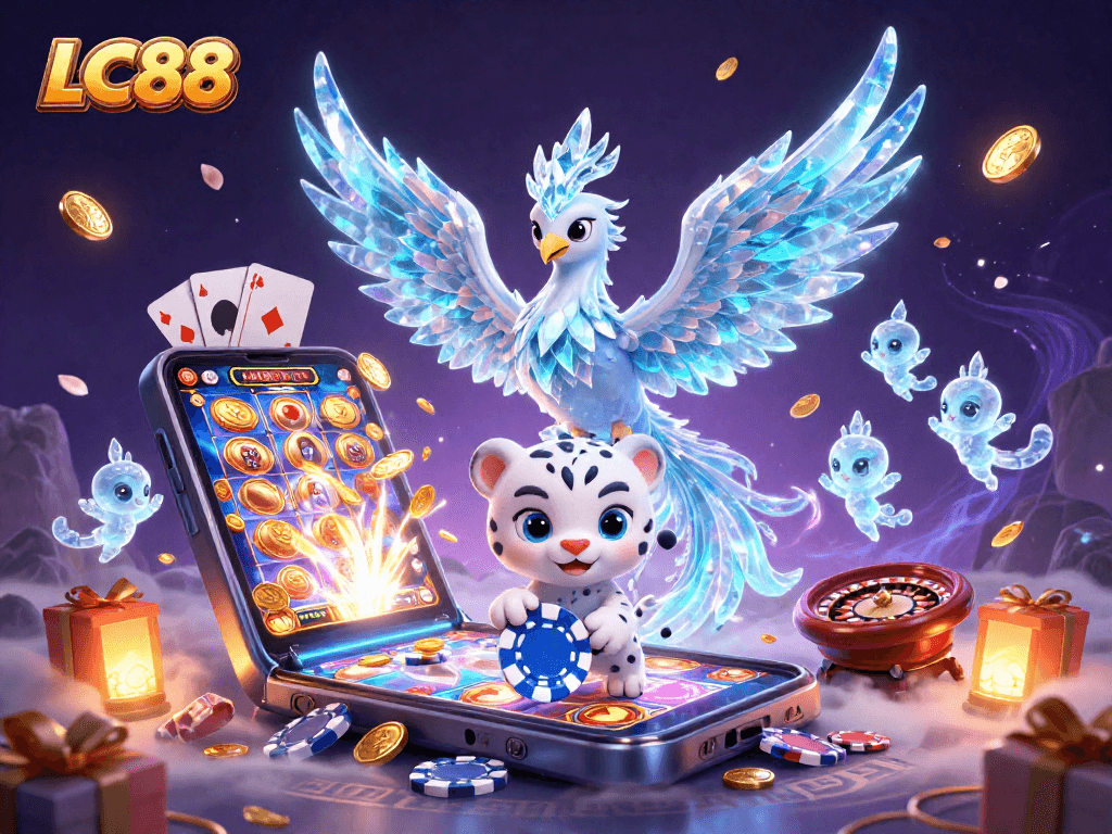 Experience thrilling games at LC88 with a captivating 3D illustration showcasing vibrant casino elements.