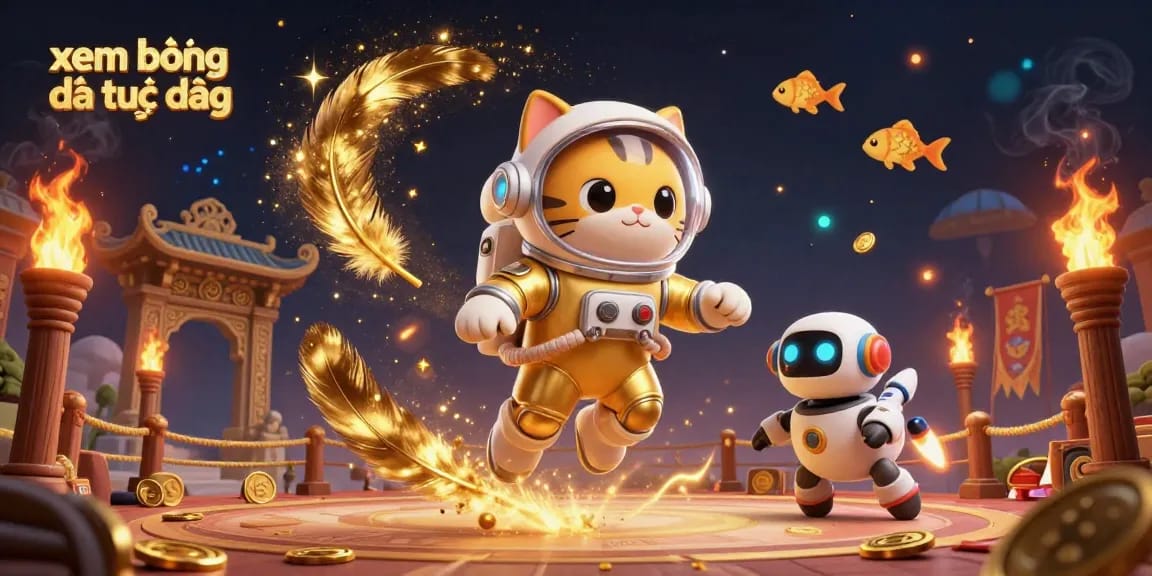 Experience xem bóng đá trực tiếp vividly with a cartoon astronaut cat and dynamic gambling elements in a rich 3D scene.