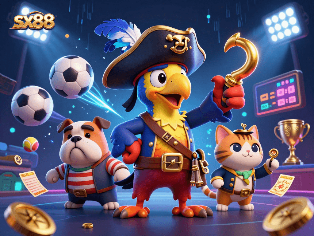 Experience the thrill of sx88 gaming with pirate-themed characters in a dynamic casino scene.