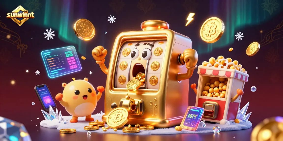 Win big with sunwinnt! A vibrant 3D scene celebrating jackpots, crypto coins, and casino energy.