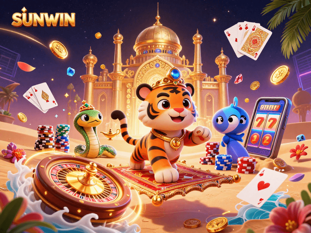 SUNWIN captivates players with a vibrant 3D scene showcasing a tiger sultan and dynamic casino elements.