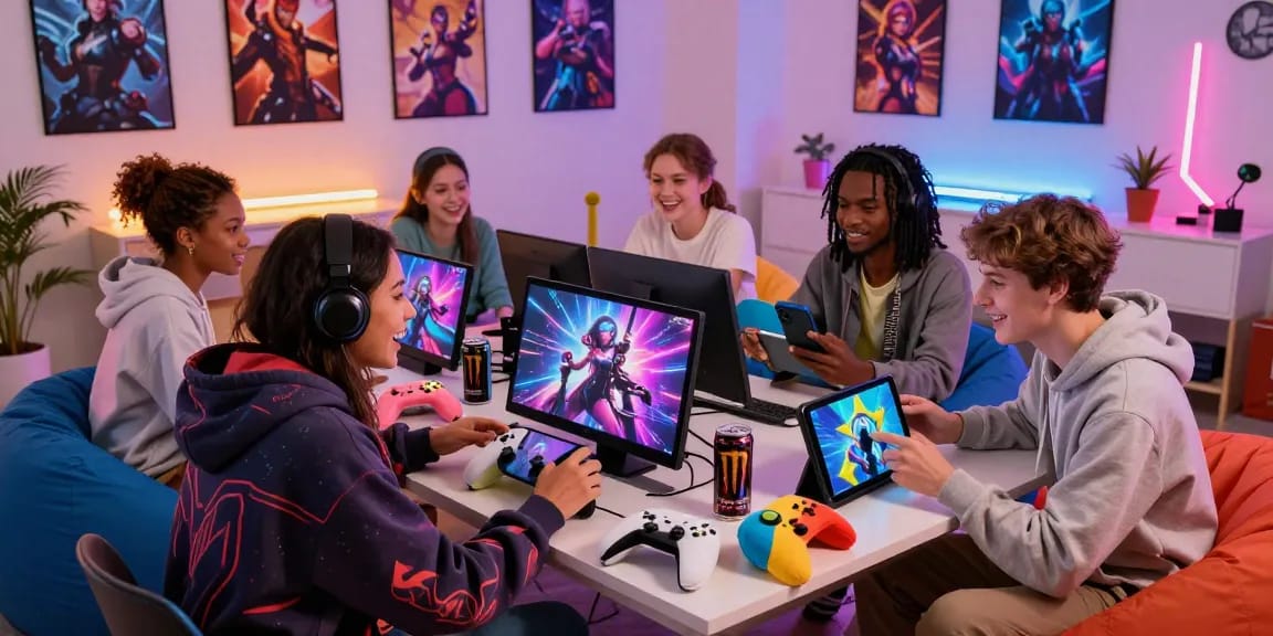 Engaging scene of young adults playing android porn games, showcasing diverse characters and a lively gaming atmosphere.