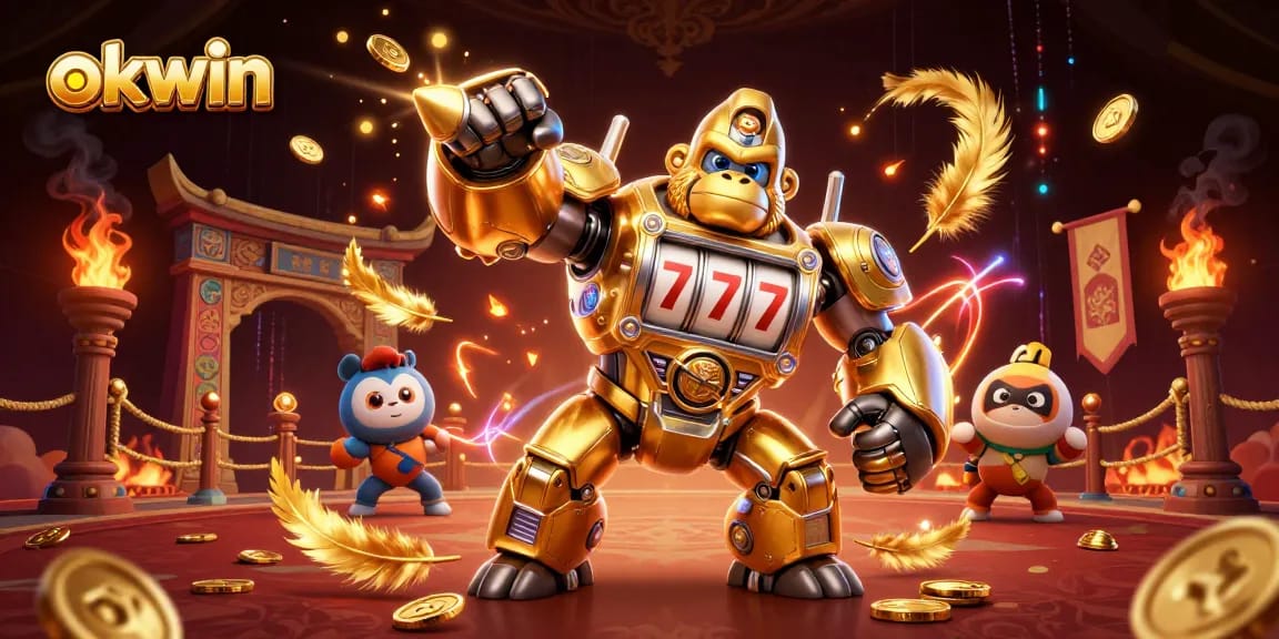 Experience winning with okwin in this vibrant 3D cartoon casino illustration of a gorilla mech.