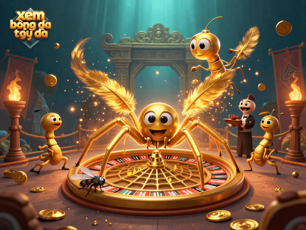 Xem bóng đá trực tiếp with an exciting 3D cartoon scene featuring a roulette wheel web and dynamic characters.