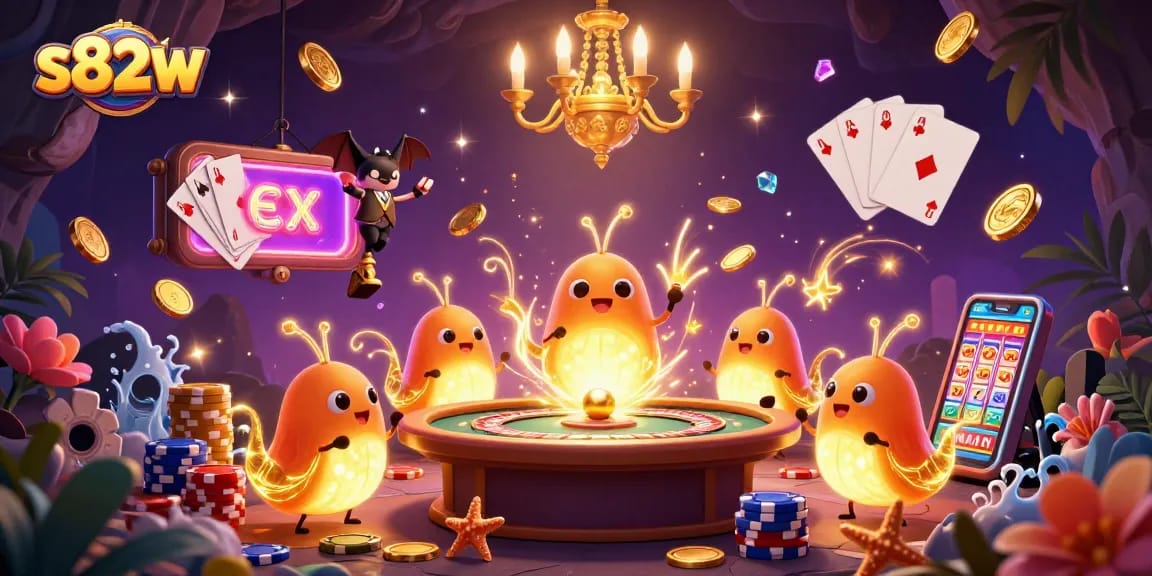 Experience the excitement of s82w with charming glowworms lighting up a vibrant casino scene.