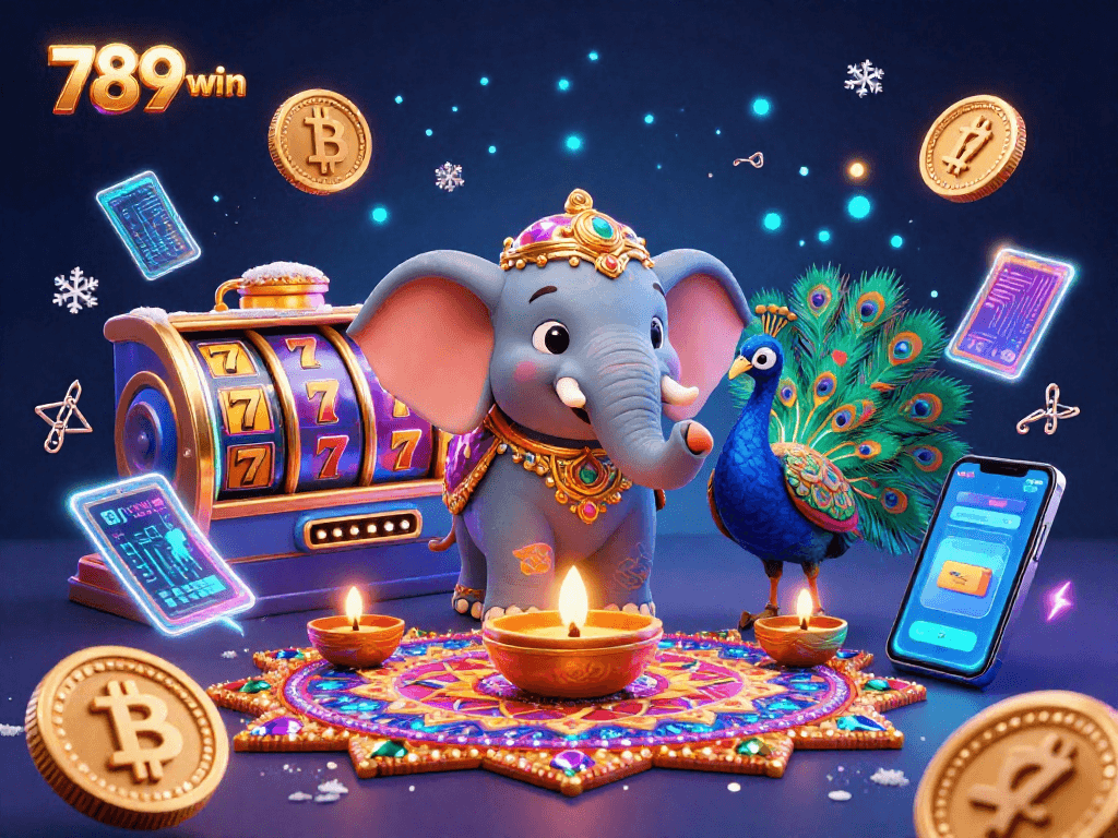 Bet big with 789win in this vibrant illustration showcasing a Diwali-themed elephant and peacock in a lively casino atmosphere.