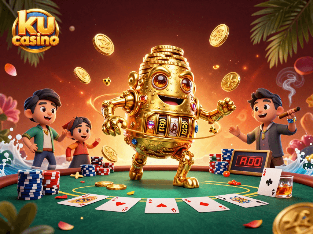 Engage with the vibrant ku casino scene featuring a golden golem and poker elements.