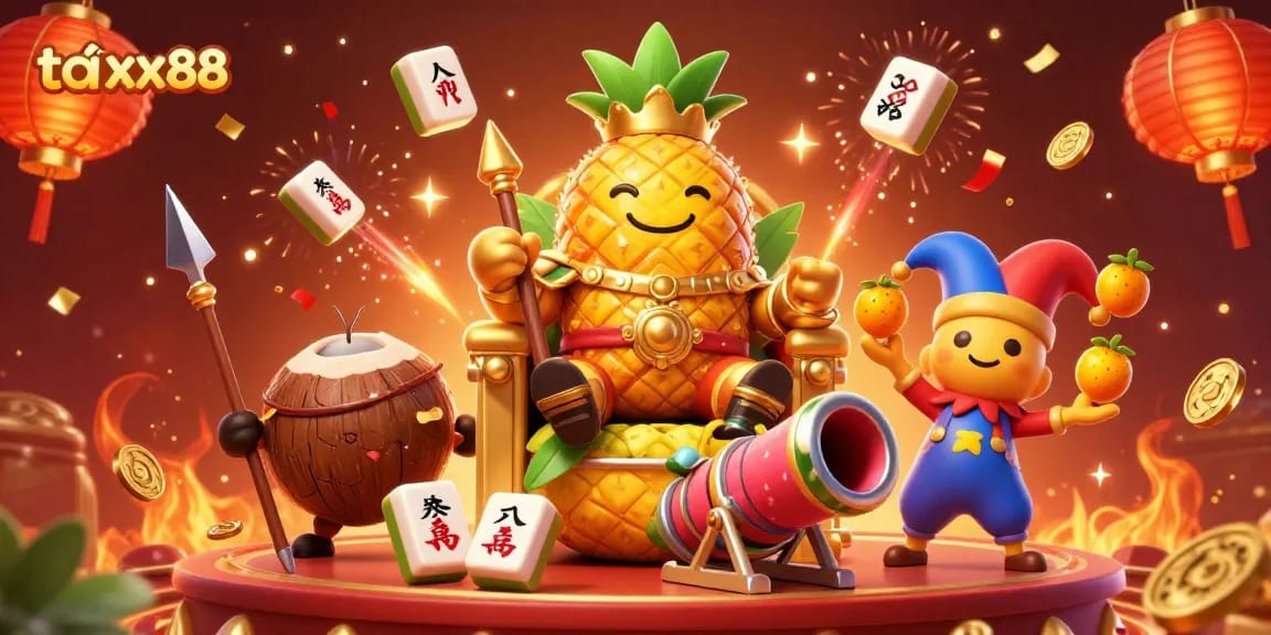 Join the fun with tải xx88 at this vibrant online casino featuring golden pineapple king and lively characters.