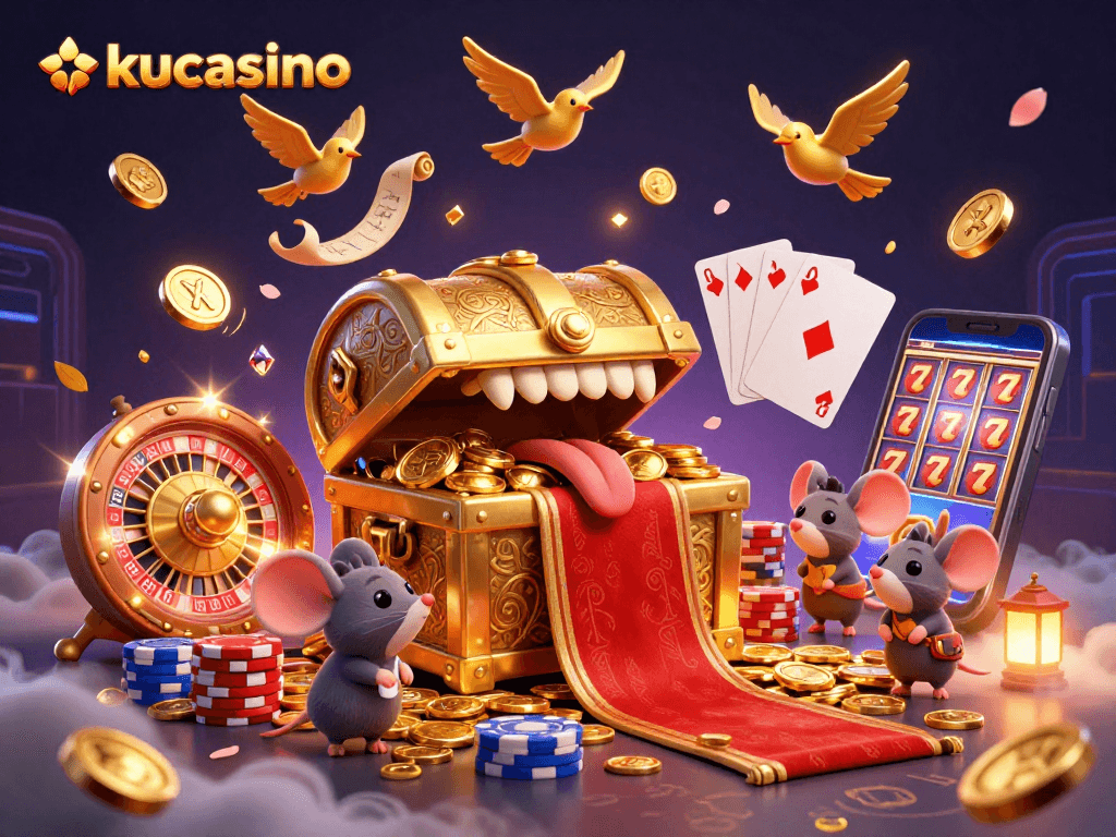 Engage with kucasino's thrilling adventures featuring a treasure chest, roulette wheel, and sparkling gems.