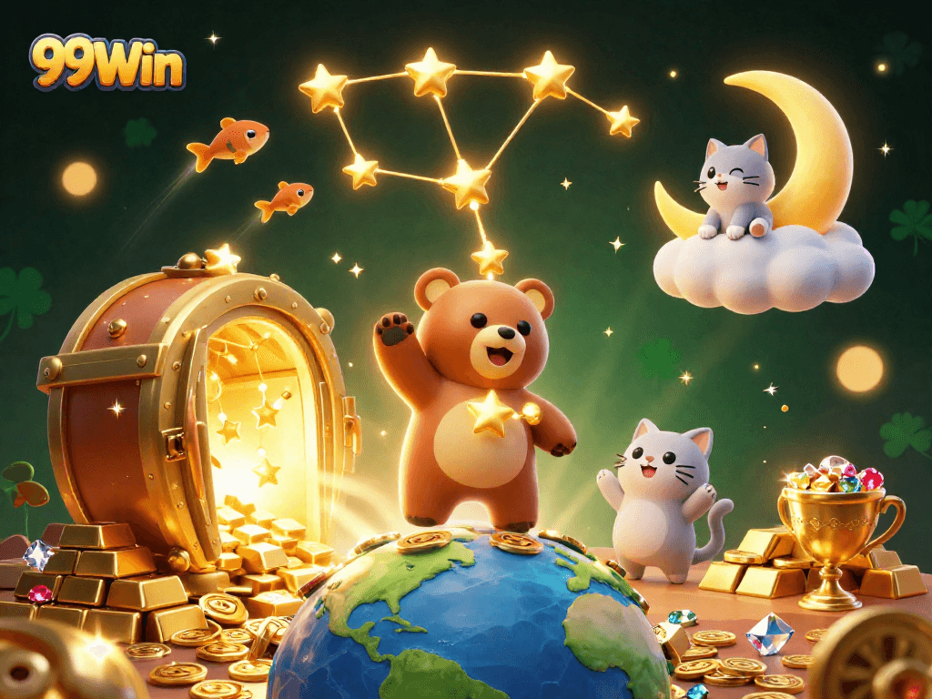 Experience the thrill of 99Win with a 3D cartoon constellation bear, coins, and treasures in a dynamic casino scene.