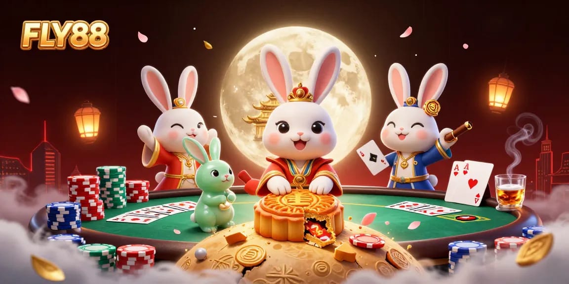 FLY88 features a lively scene with a moon rabbit, poker chips, and vibrant gaming elements.