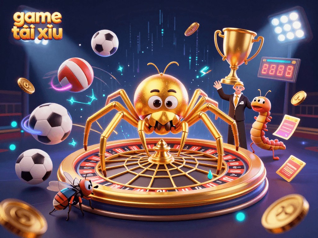 Engage in game tài xỉu excitement with a golden spider and dynamic sports elements.