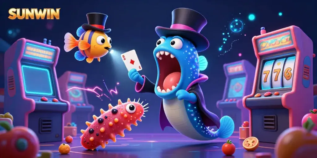 SUNWIN's cartoon deep-sea eel magician performs card tricks in an energetic gambling scene.