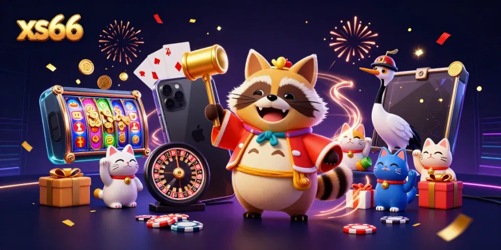 Experience excitement with xs66's thrilling gaming scene featuring a cheerful tanuki and fortune cats.