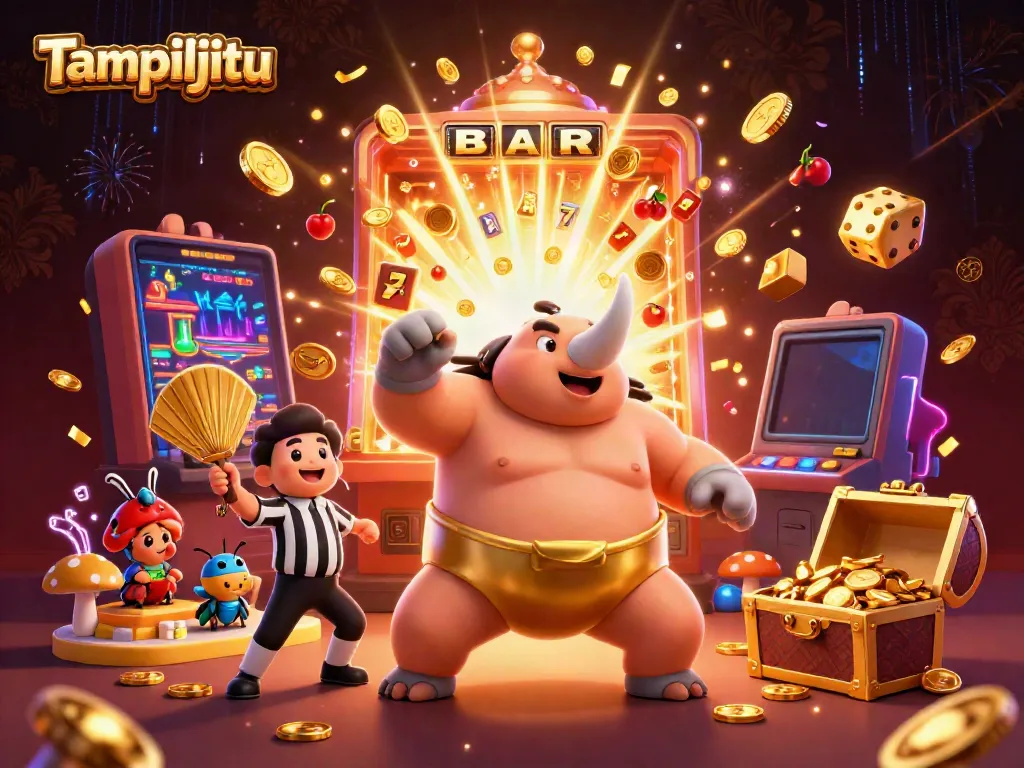 Tampiljitu engages players with a vibrant 3D scene featuring gambling elements like slot machines and gold coins.