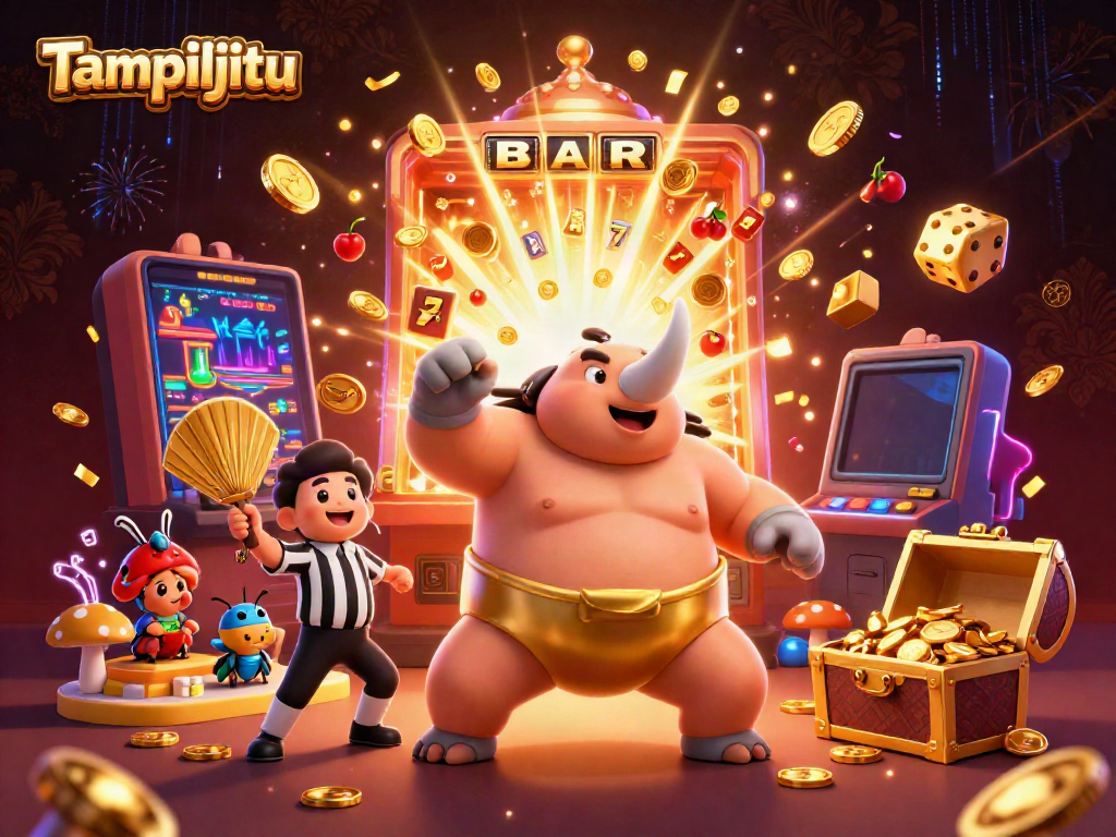 Tampiljitu engages players with a vibrant 3D scene featuring gambling elements like slot machines and gold coins.