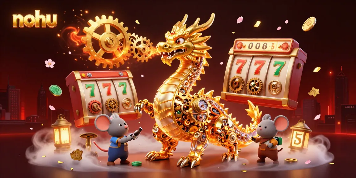 Experience the thrill of nohu as a golden dragon breathes gears amidst spinning slot reels and festive elements.
