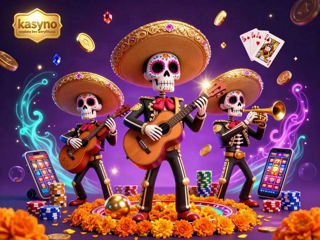 kasyno wypłata bez weryfikacji scene showcases a vibrant skeleton mariachi band amidst cascading coins, enriching the gaming atmosphere.