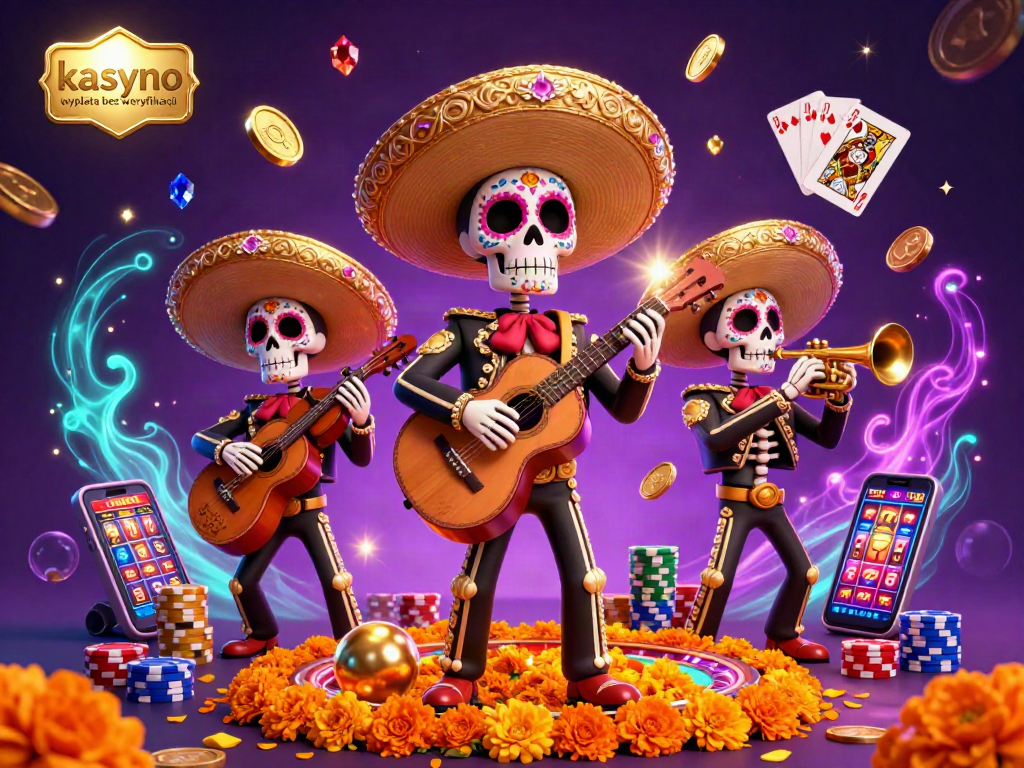 kasyno wypłata bez weryfikacji scene showcases a vibrant skeleton mariachi band amidst cascading coins, enriching the gaming atmosphere.