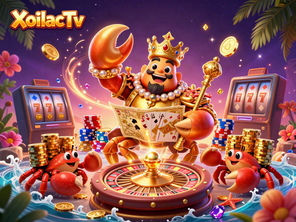 XoilacTv showcases a vibrant 3D casino scene featuring a golden crab emperor surrounded by treasure and gaming elements.