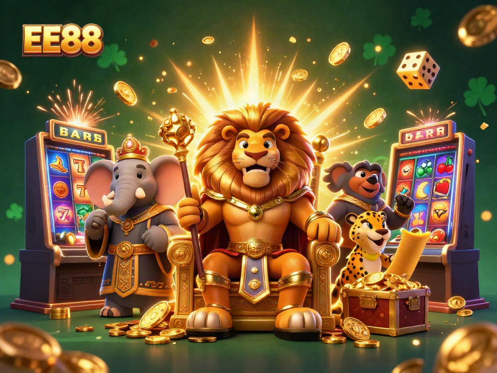 Experience the excitement of EE88 with a dynamic illustration celebrating casino gaming and extraordinary jackpots.