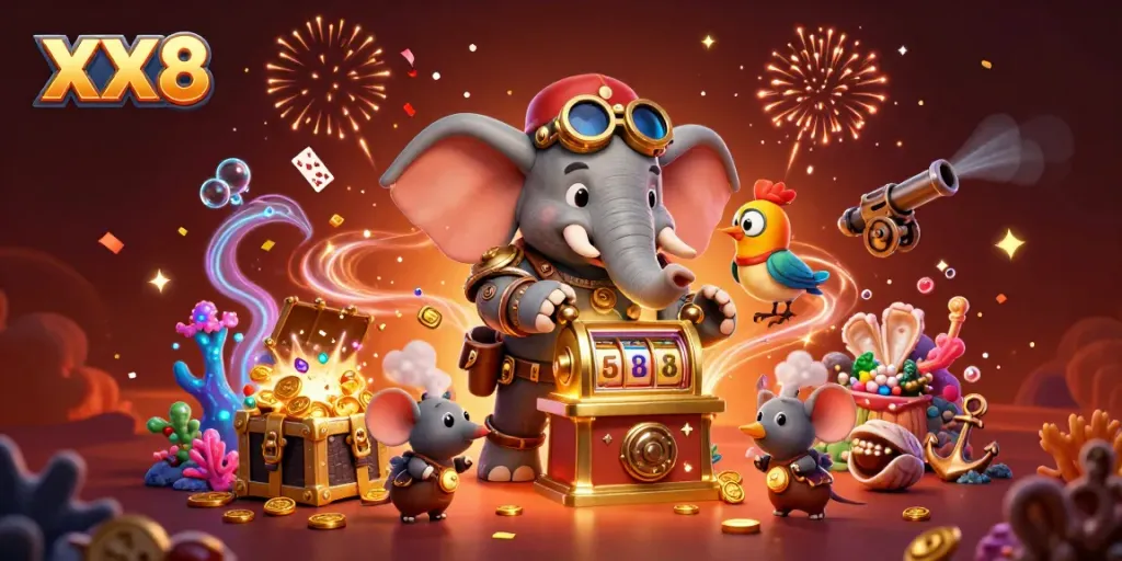 Spin the golden slot machine with XX8 while surrounded by treasures and fun casino elements.