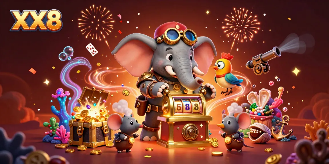 Spin the golden slot machine with XX8 while surrounded by treasures and fun casino elements.