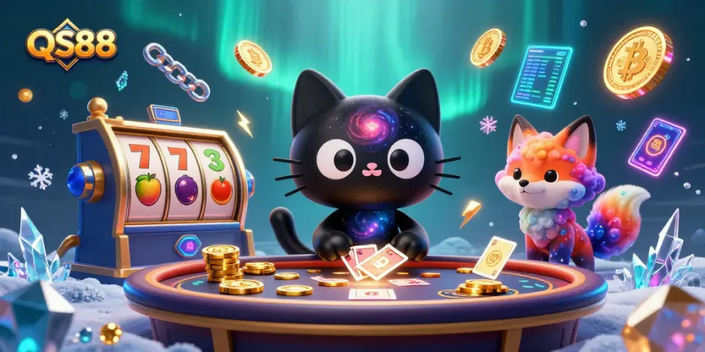 QS88 casino illustration featuring black hole cat and nebula fox with vibrant gaming elements.