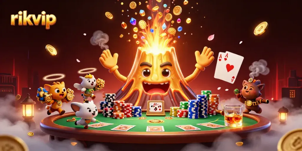 Experience rikvip's thrilling gaming with a vibrant 3D illustration of a golden volcano erupting treasure.
