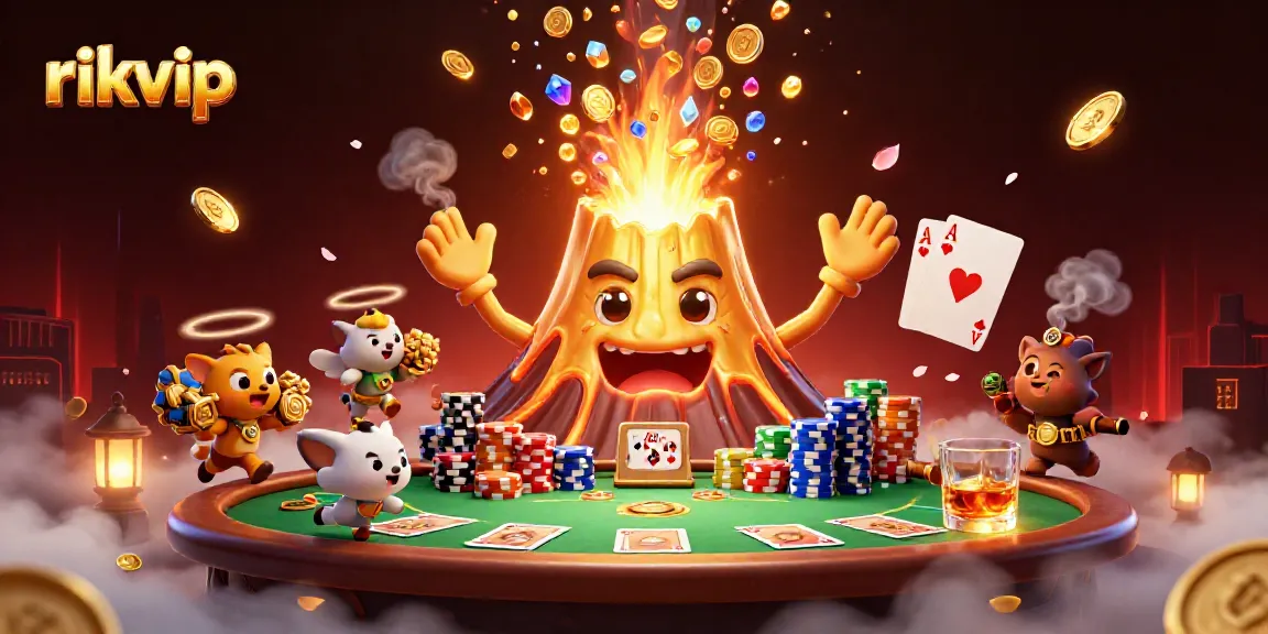 Experience rikvip's thrilling gaming with a vibrant 3D illustration of a golden volcano erupting treasure.