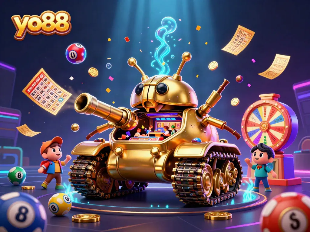 Engage with yo88's vibrant casino experience featuring gold tanks, lottery balls, and dynamic prize elements.