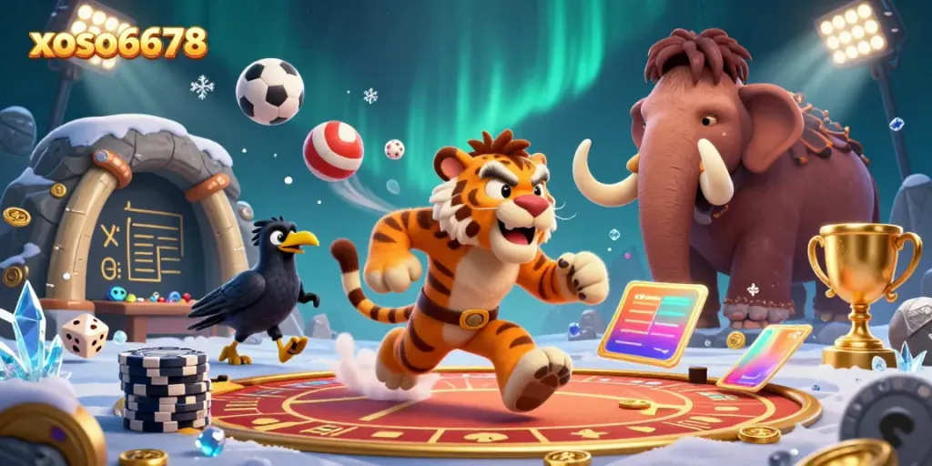 Experience the thrill of gaming at xoso6678 with a lively prehistoric casino featuring unique characters and sports elements.