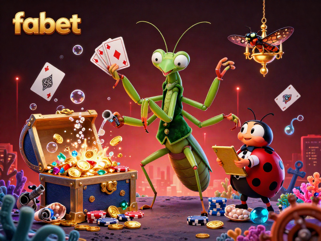 Experience the thrill of fabet's gaming universe with a vibrant underwater scene featuring a giant praying mantis card sharp and ladybug pit boss.