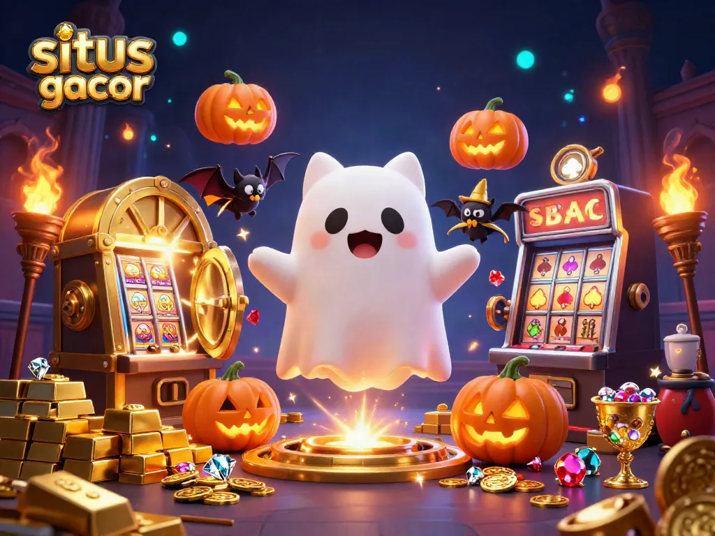 Experience situs slot gacor with playful ghost cat and vampire bat surrounded by dazzling casino treasures.
